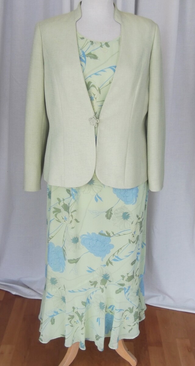 VINTAGE  POOL RANGE LIGHT GREEN CHIIFON SKIRT & TOP#BLUE & GREEN FLOWERHEAD PRINT  & LIGHT GREEN LINEN LOOK  JACKET