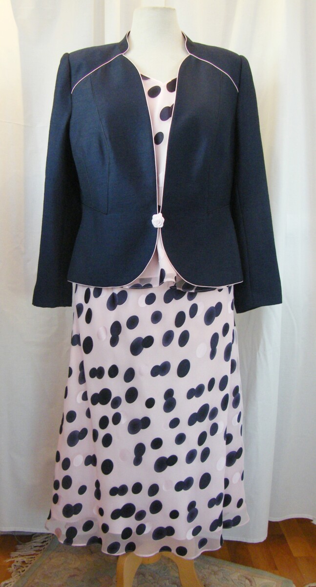 MONIQUE PINK RANGE PINK ORGANZA SKIRT & TOP LARGE NAVY SPOTS NAVY SHANTUNG JACKET WITH PINK EDGING