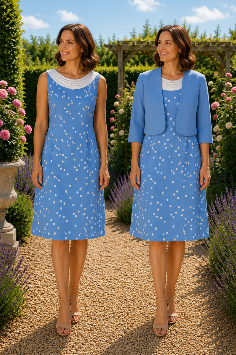 BRAND NEW WITH TAGS PETITE RANGE IVORY SCARF COLLAR  SHIFT DRESS BLUE CREPE & IVORY SPOT PRINT  PRELOVED PETITE BLUE CREPE JACKET