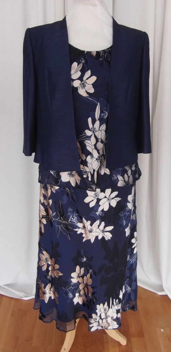 PRELOVED NAVY CHIFFON 23% SILK DEVORE SKIRT & TOP IVORY FLOWERHEAD PRINT  & BRAND NEW WITH TAGS  NAVY SHANTUNG JACKET