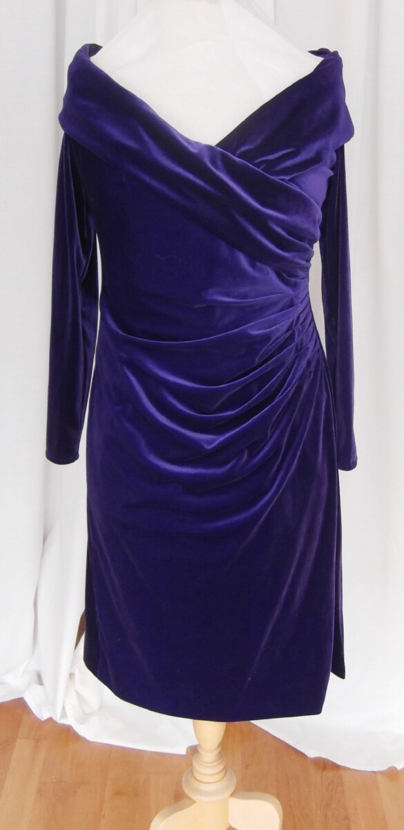 LORCAN MULLANY  LONG SLEEVED COCKTAIL DRESS IN PURPLE VELVET FAUX CROSS OVER BODICE