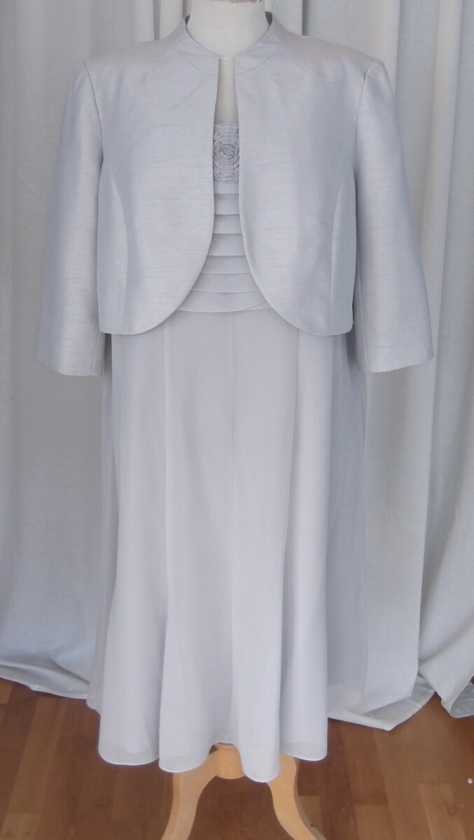 IRIS & SILVER RANGE  SILVER GREY CHIFFON FIT & FLARE DRESS SHUTTERPLEAT BODICE  & SILVER GREY SHANTUNG  SHORT JACKET