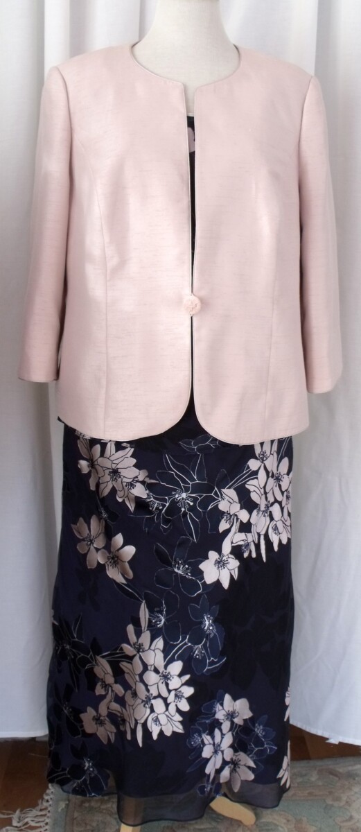 BLACK CHIFFON 23% SILK DEVORE SKIRT & TOP ROSE PINK FLOWERHEAD PRINT  & ROSE PINK SHIMMER SHANTUNG JACKET