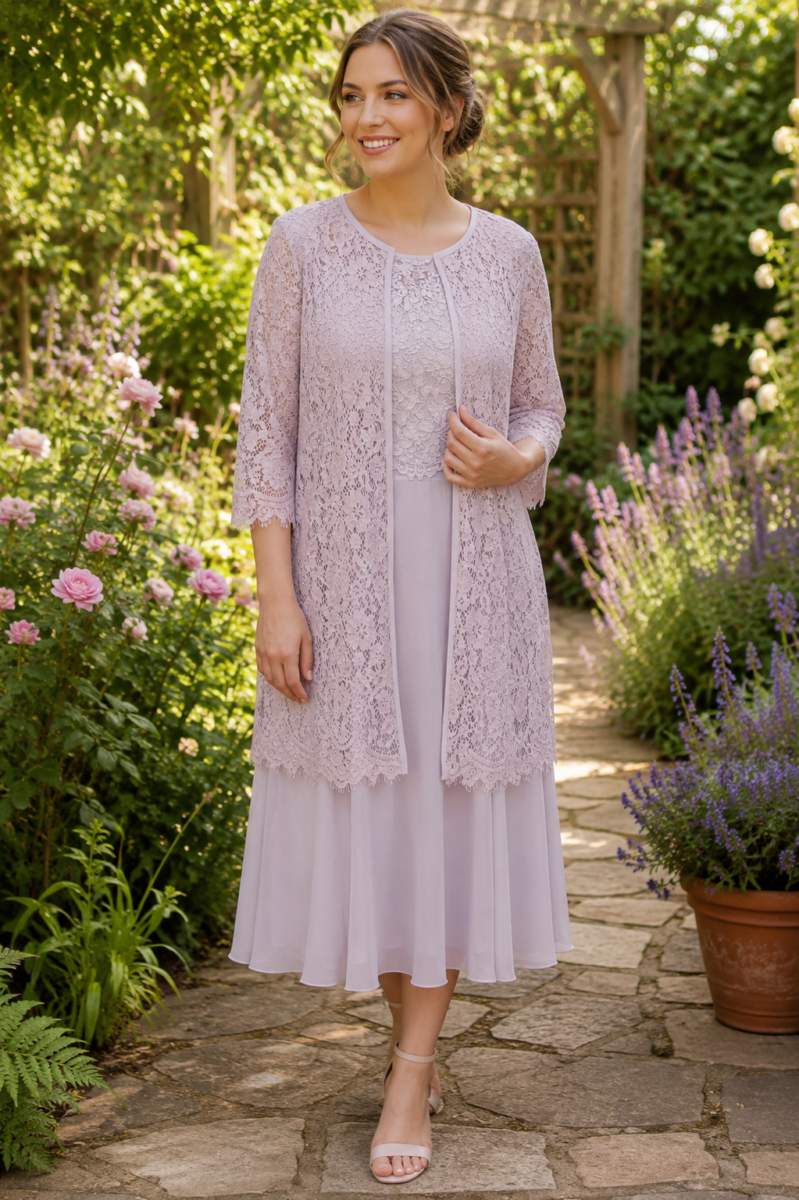 JACQUES VERT COLLECTION ROSE "CHIFFON DRESS WITH LACE LOOSE BODICE & ROSE LACE SHACKET