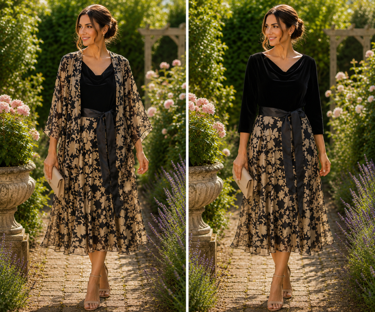 BRAND NEW WITH TAGS JACQUES VERT COLLECTION GOLD  DEVORE SKIRT & LOOSE SOFT JACKET BLACK VELVET BODICE &  WATERFALL FRONT DEVORE JACKET OPTIONAL SATIN SASH