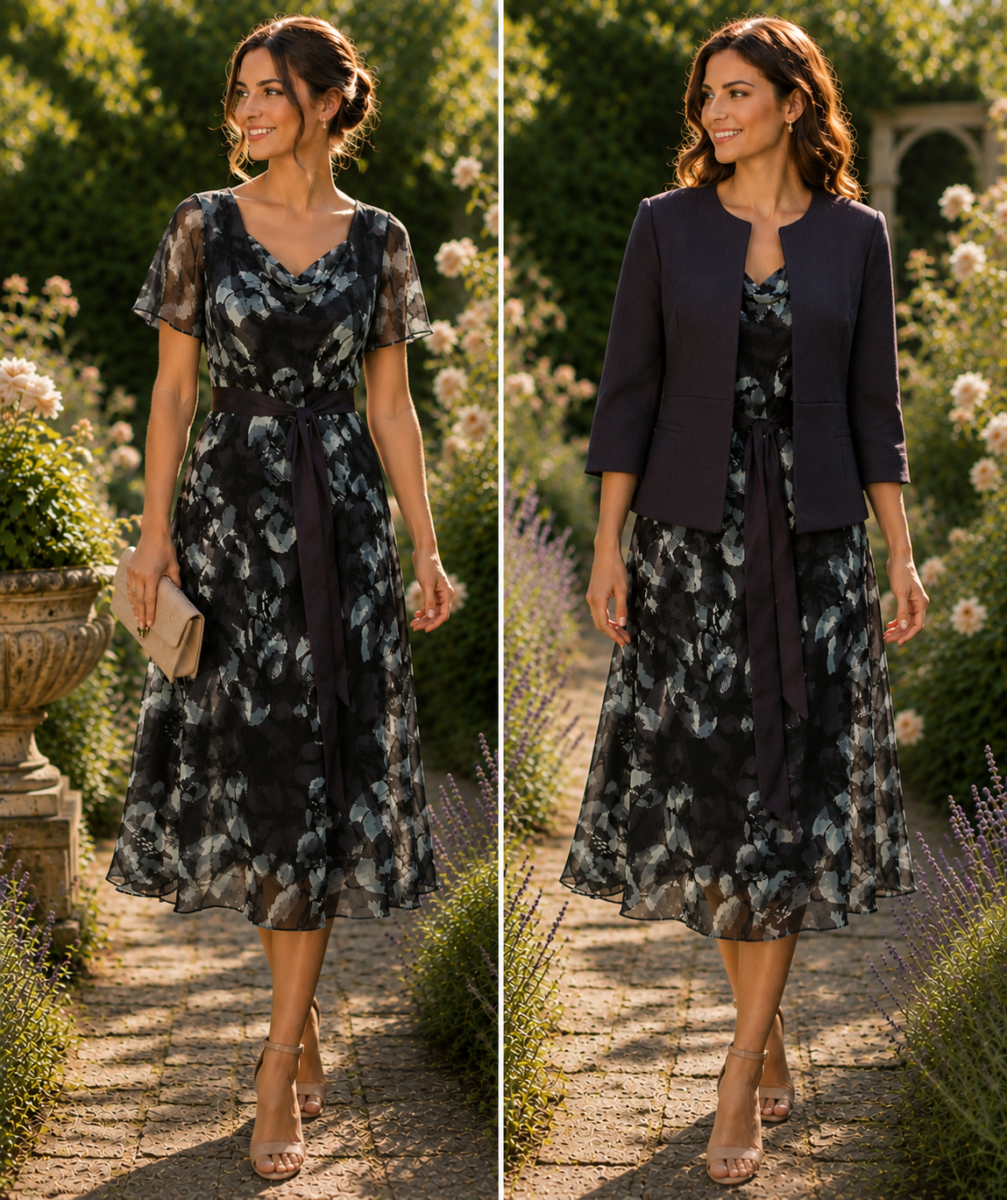 BLACKCURRANT & AQUA RANGE PURPLE 23% SILK DEVORE DRESS & BLACKCURRENT PURPLE WOVEN JACKET
