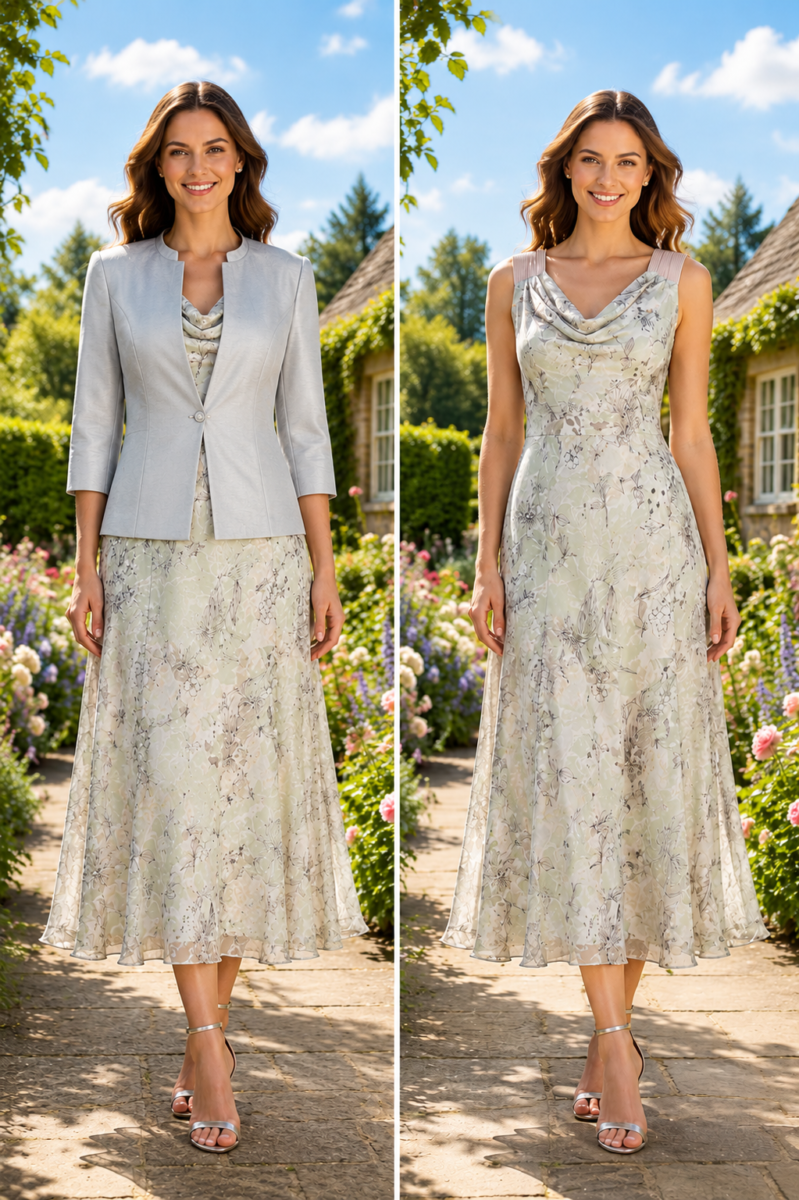 APPLE & ZINC RANGE GREY & GREEN CRYSTAL DEVORE DRESS OVER GREEN SATIN  & MATCHING  ZINC GREY SHANTUNG  JACKET