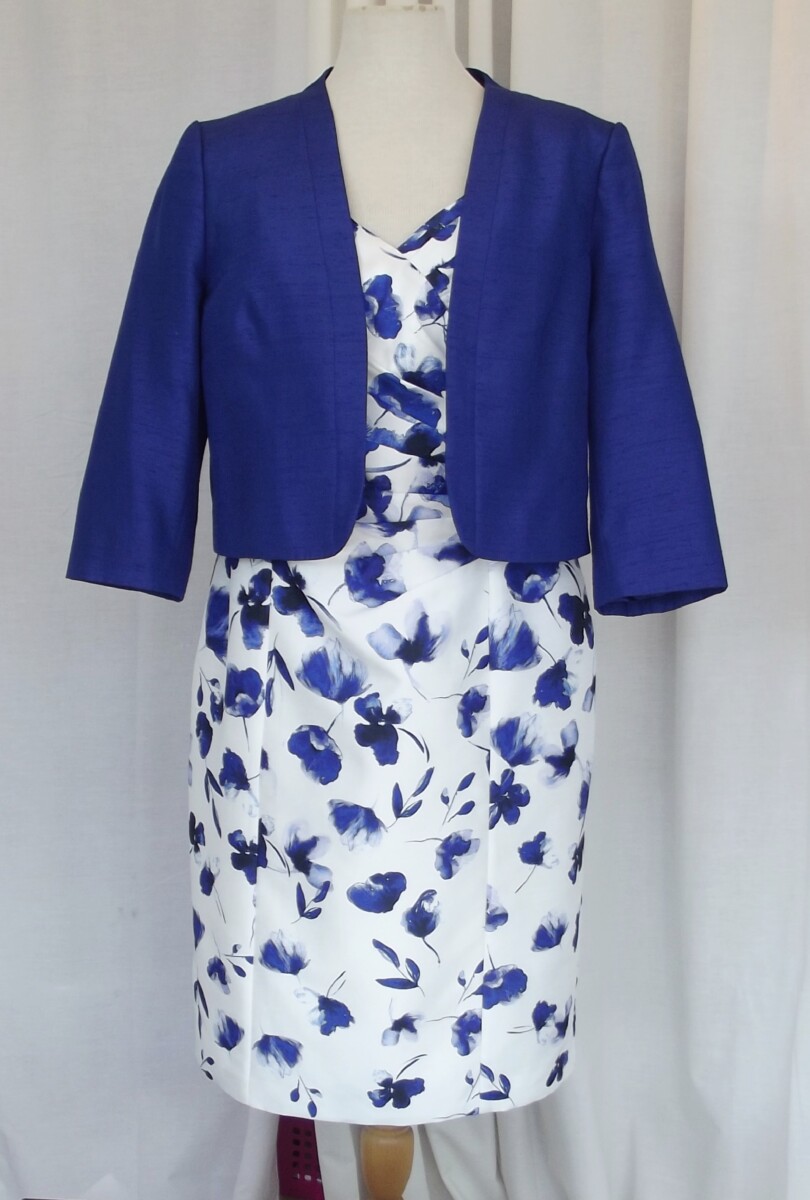 IVORY SHANTUNG SHIFT DRESS FAUX CROSS OVER BODICE ROYAL BLUE PETAL PRINT WITH ROYAL BLUE SHANTUNG SHORT JACKET