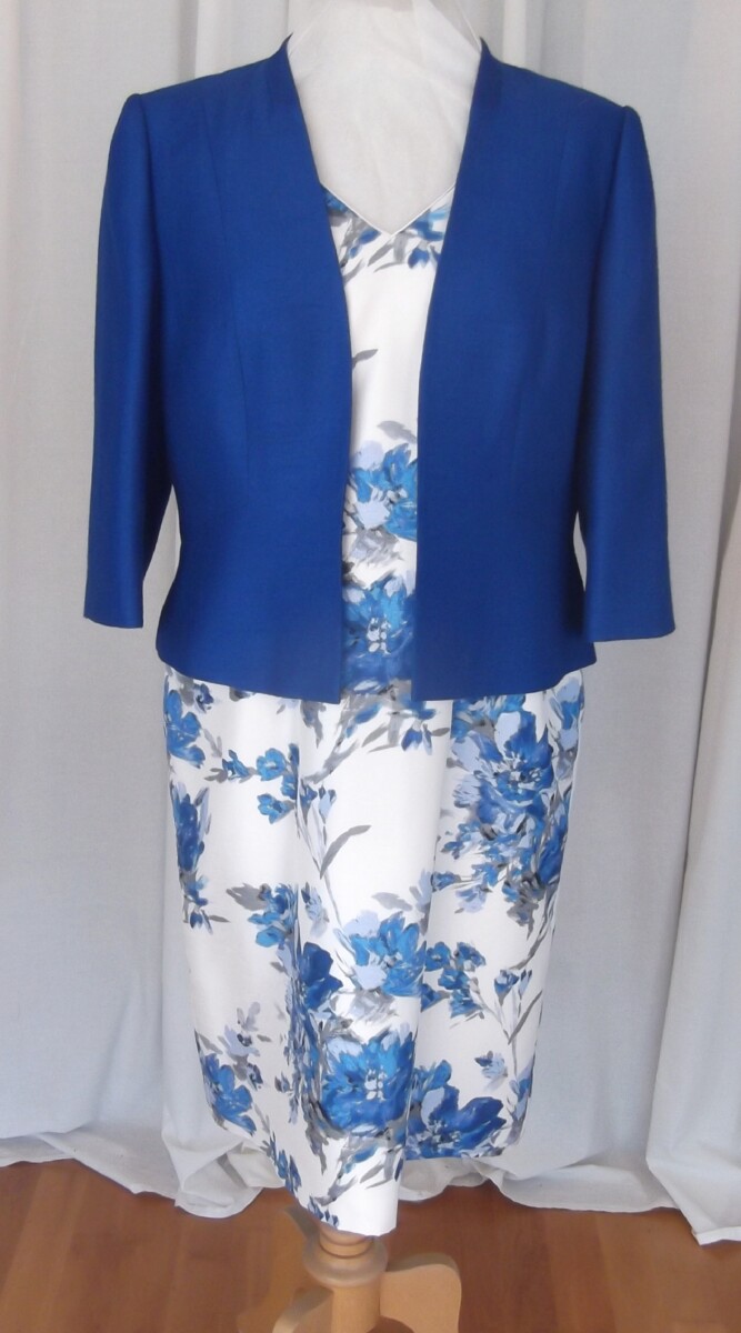 IVORY SHANTUNG SHIFT DRESS  ROYAL BLUE FLORAL PLACEMENT  PRINT WITH ROYAL BLUE WOVEN JACKET