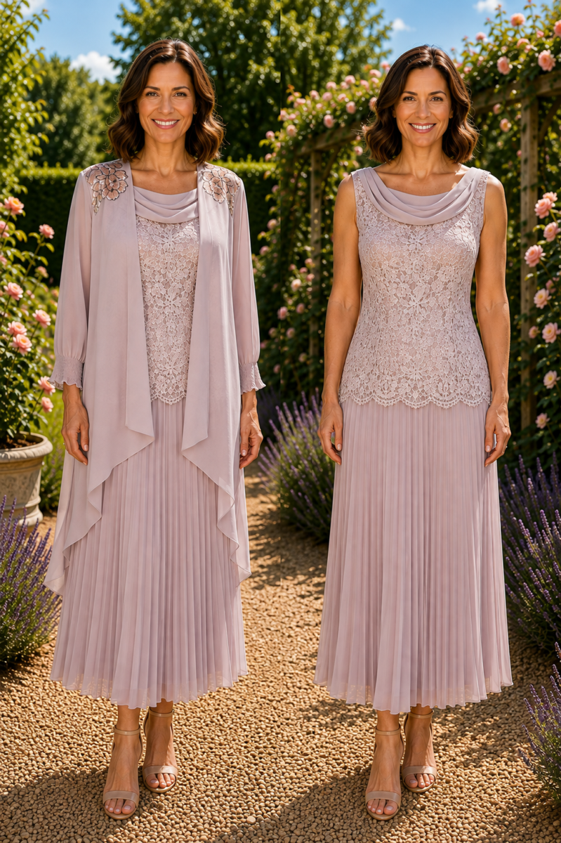 JACQUES VERT COLLECTION "VERSAILLES" RANGE GOLD EDGED MINK LACE TOP SCARF NECK & PLEATED CHIFFON SKIRT LACE OVER HIPS  MINK CHIFFON COVER UP
