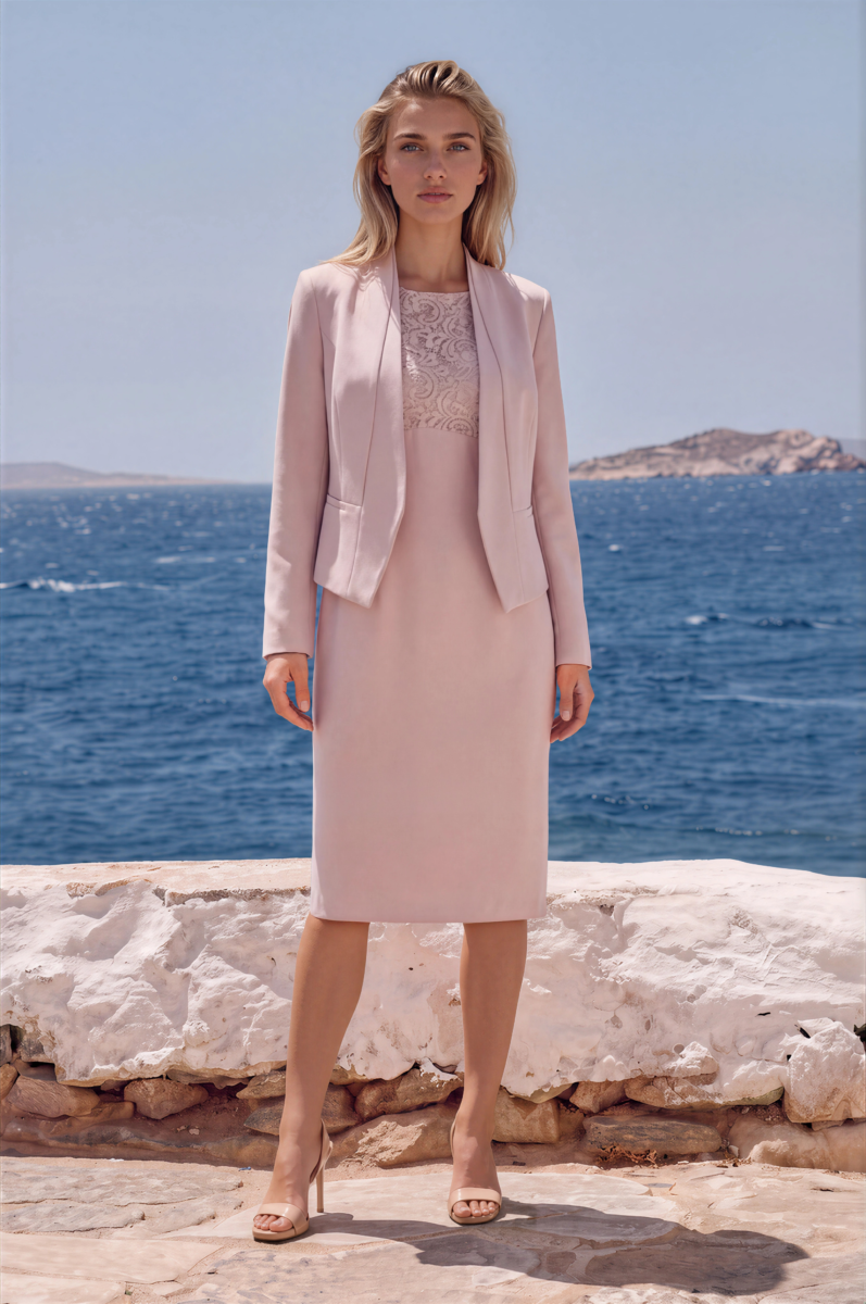 PETITE RANGE SOFT CLOVER JACQUARD CREPE LONG SLEEVED  JACKET & MATCHING SHIFT DRESS WITH LACE BODICE