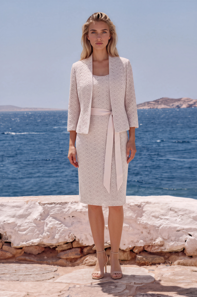 JACQUES VERT COLLECTION BLUSH PINK  JACQUARD WEAVE SHIFT DRESS  &amp JACKET CRACKED ICE WEAVE OPTIONAL CHIFFON SASH