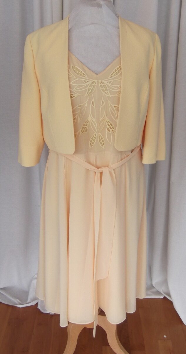 YELLOW JERSEY CHIFFON FIT & FLARE DRESS EMROIDERED BODICE &  YELLOW JACQUARD CREPE  JACKET OPTIONAL CHIFFON SASH