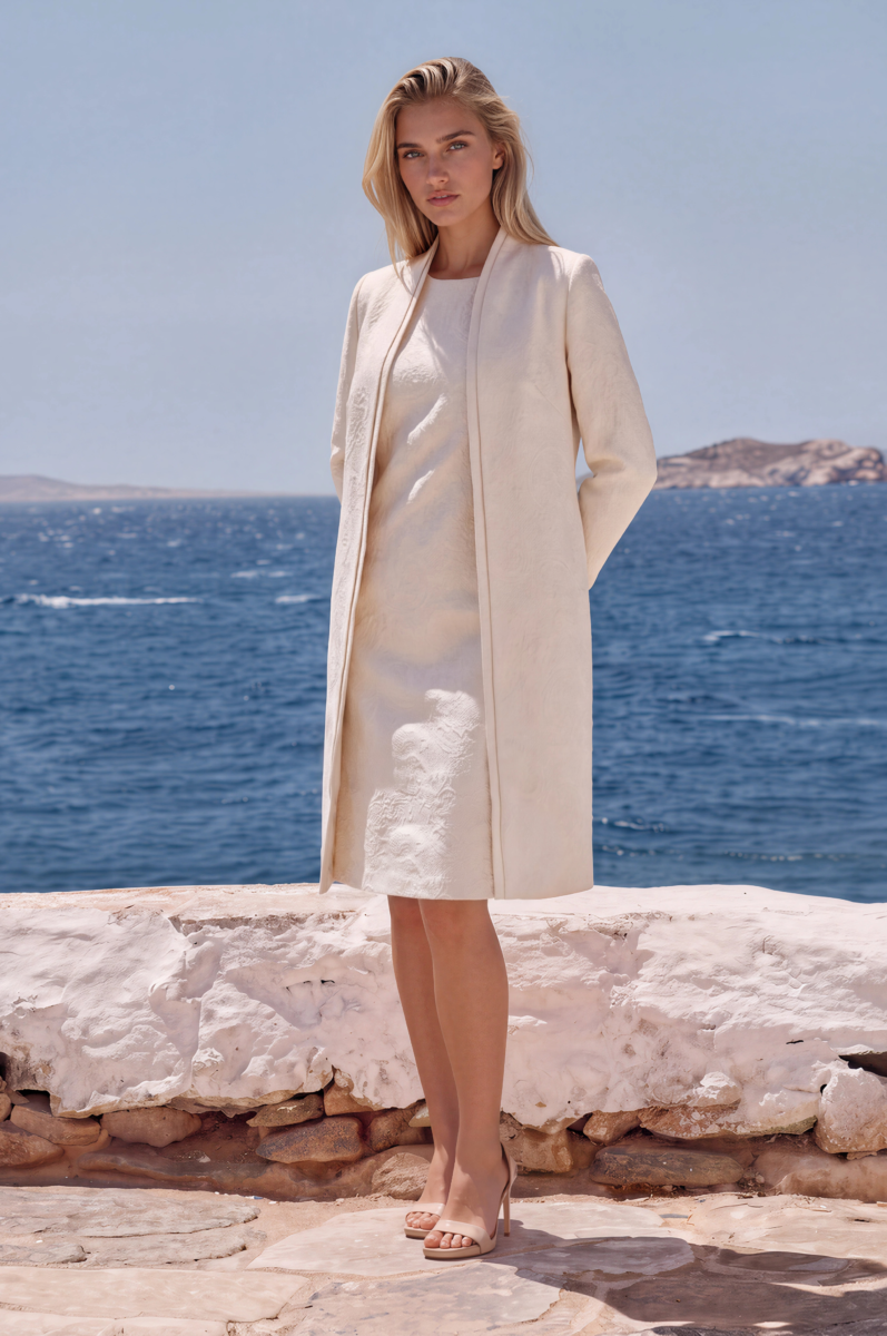 BRAND NEW WITH TAGS JACQUES VERT COLLECTION IVORY JACQUARD COAT EMBOSSED PATTERN MATCHING IVORY JACQUARD SHIFT DRESS