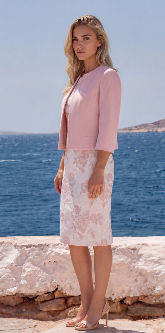 JACQUES VERT "COLLECTION"  PINK & IVORY JACQUARD SHIFT DRESS  &  PINK CREPE BAILEY  JACKET