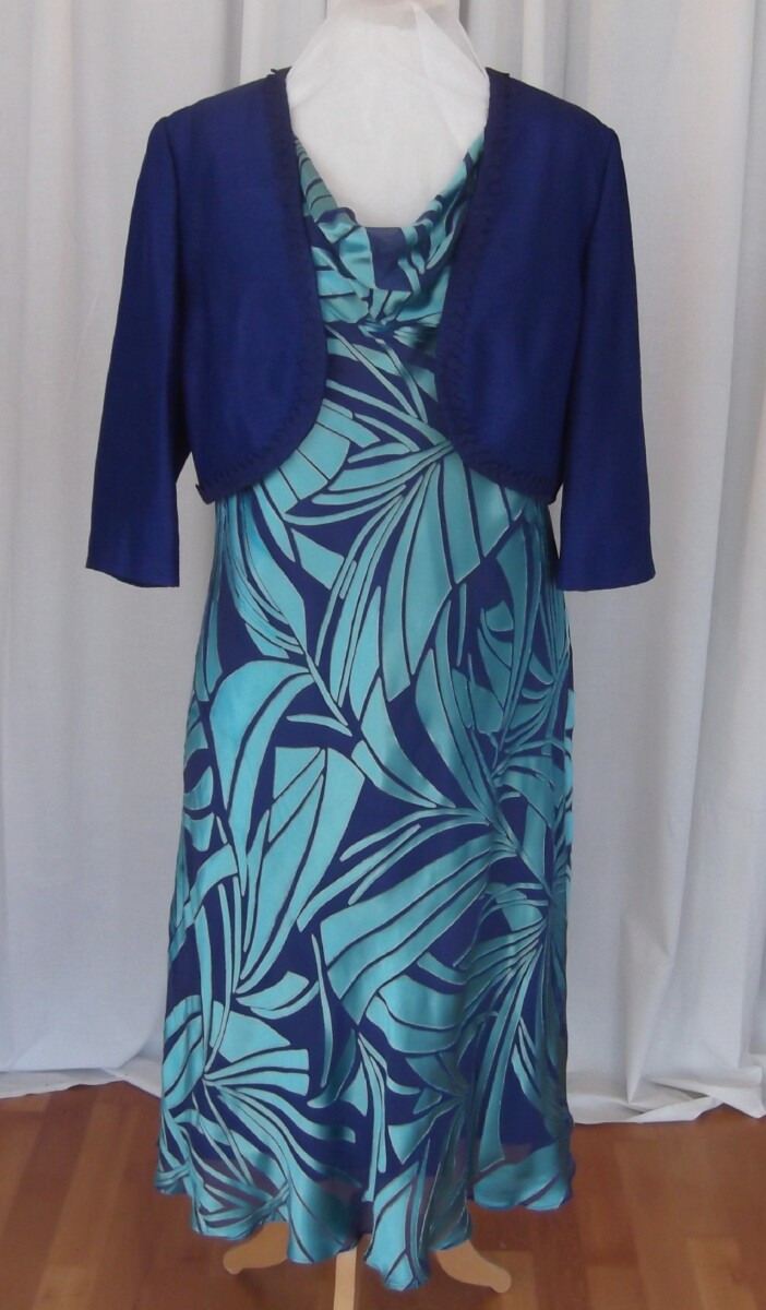 ANTIGUA RANGE NAVY CHIFFON DRESS  50% SILK DEVORE ABSTRACT PRINT ANTIGUA BLUE SHANTUNG SHORT JACKET