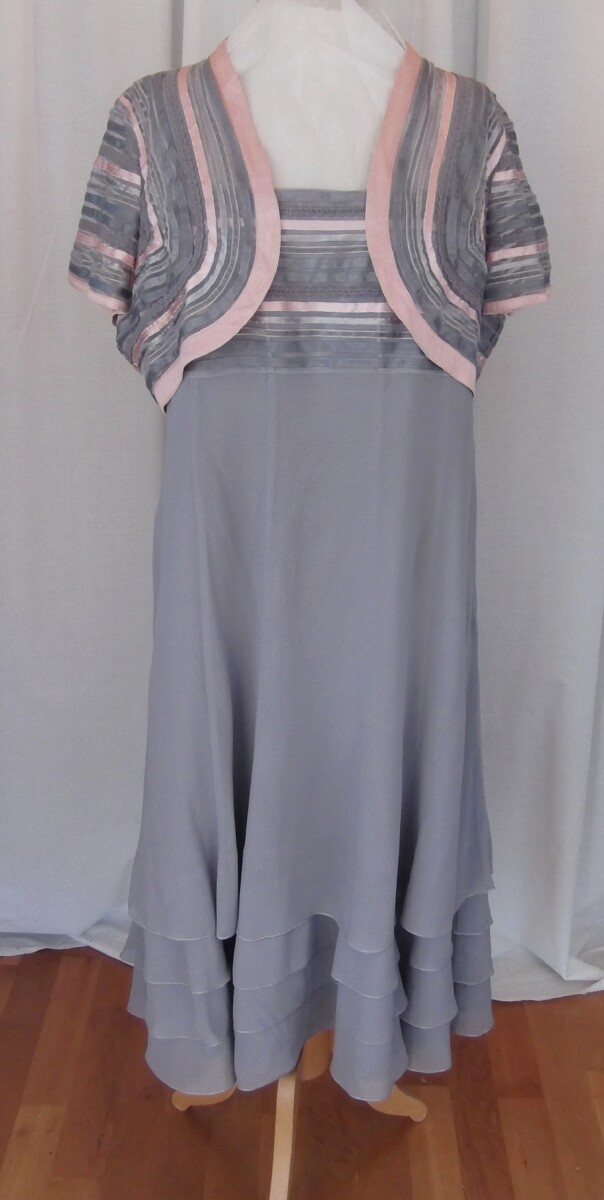 FONDANT PINK & EARL GREY RANGE PINK & GREY CHIFFON FIT & FLARE DRESS RIBBON DECORATION & MATCHING  GREY CHIFFON BOLERO RIBBON DECORATION.