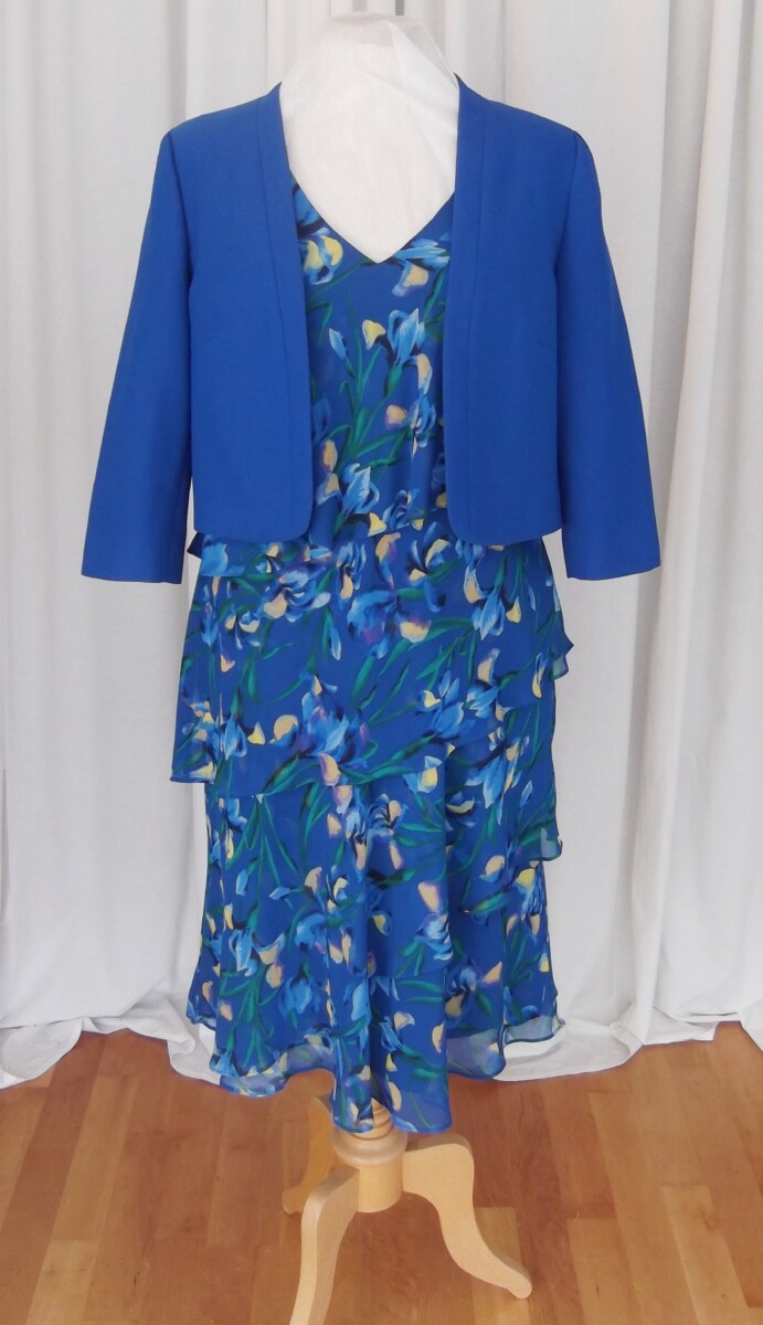 JACQUES VERT COLLECTION  FIT & FLARE BLUE CHIFFON WATERFALL FRILLS DRESS BLUE & MUSTARD YELLOW IRIS PRINT & ROYAL BLUE SHORT JACKET