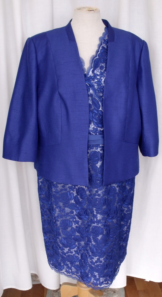 ROYAL BLUE OPULENT LACE SHIFT DRESS ROYAL BLUE SATIN WAIST BAND  & TRUE CROSS OVER BODICE WITH ROYAL BLUE WOVEN JACKET