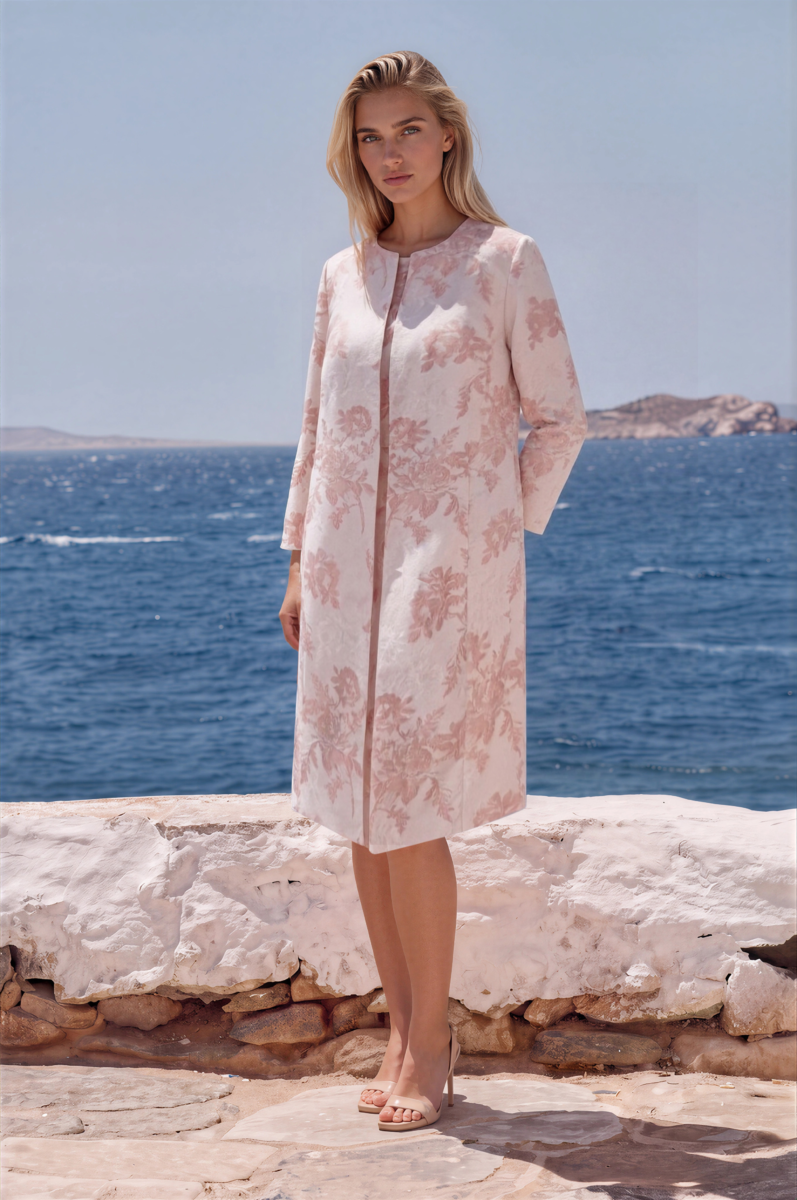 JACQUES VERT "COLLECTION"  PINK & IVORY JACQUARD SHIFT DRESS  & MATCHING COAT