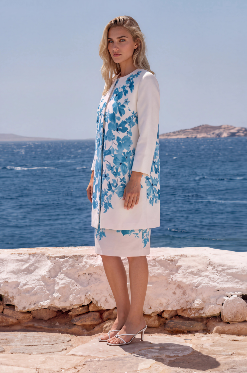 IVORY SHANTUNG SHIFT DRESS DELPHI BLUE PLACEMENT PRINT MATCHING IVORY SHANTUNG COAT DELPHI BLUE PRINT