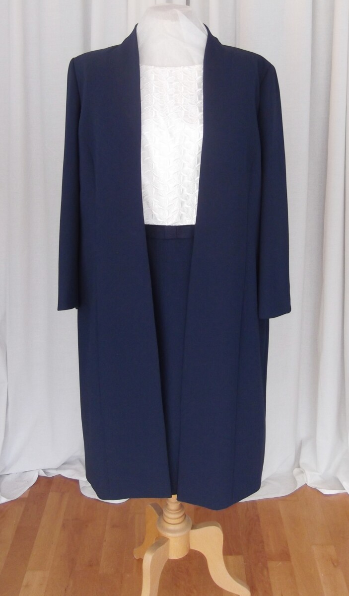 BRAND NEW WITH TAGS JACQUES VERT COLLECTION NAVY BLUE CREPE COAT WITH PRELOVED SLEVELESS SHIFT DRESS IVORY LACE BODICE NAVY CREPE SKIRT