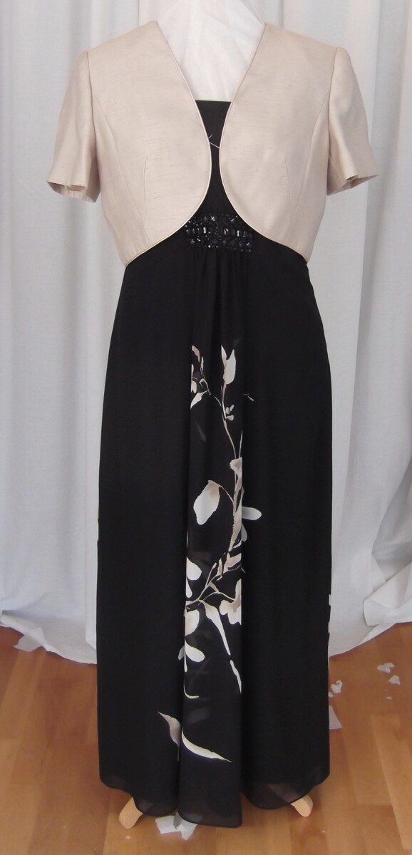 SANDSTONE RANGE BLACK CREPE CHIFFON MAXI DRESS  GOLD FLORAL PLACEMENT PRINT MATCHING SANDSTONE BOLERO JACKET